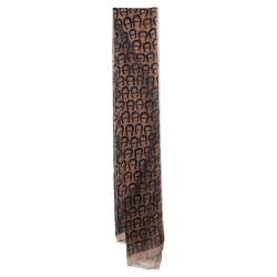 Pre Owned Aigner Brown Logo Print Silk Scarf