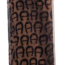 Pre Owned Aigner Brown Logo Print Silk Scarf