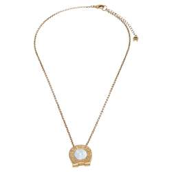 Pre Owned Aigner Mother of Pearl Crystal Gold Tone Metal Necklace