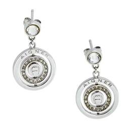 Aigner Silver Tone Crystal Logo Drop Earrings