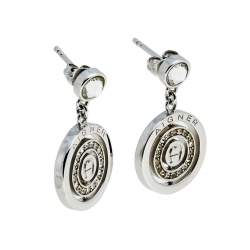 Aigner Silver Tone Crystal Logo Drop Earrings