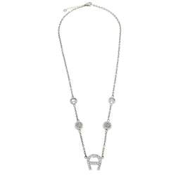 Aigner Silver Tone Crystal Logo Pendant Station Necklace