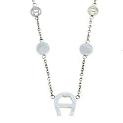 Aigner Silver Tone Crystal Logo Pendant Station Necklace