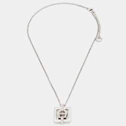 Pre Owned Aigner Crystal Studded Silver Tone Square Pendant Necklace