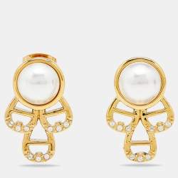 Pre Owned Aigner Crystal Faux Pearl Gold Tone Earrings & Pendant Chain Set