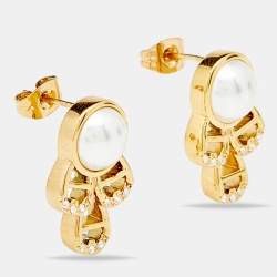 Pre Owned Aigner Crystal Faux Pearl Gold Tone Earrings & Pendant Chain Set