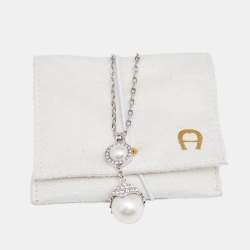 Pre Owned Aigner Silver Tone Crystal & Pearl Drop Necklace