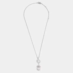 Pre Owned Aigner Silver Tone Crystal & Pearl Drop Necklace