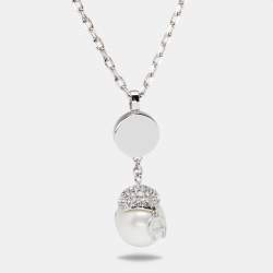 Pre Owned Aigner Silver Tone Crystal & Pearl Drop Necklace