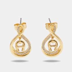 Pre Owned Aigner Gold Tone Crystal Logo Drop Earrings