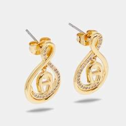 Pre Owned Aigner Gold Tone Crystal Logo Drop Earrings