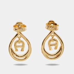 Pre Owned Aigner Gold Tone Crystal Logo Drop Earrings