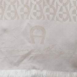 Aigner Cream Logo Silk Jacquard Fringe Trim Scarf