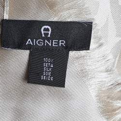 Aigner Cream Logo Silk Jacquard Fringe Trim Scarf