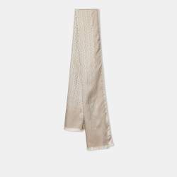 Aigner Cream Logo Silk Jacquard Fringe Trim Scarf