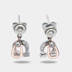 Pre Owned Aigner Faux Pearl Crystals Two Tone Metal Earrings