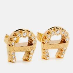 Pre Owned Aigner Gold Tone Crystal Logo Stud Earrings