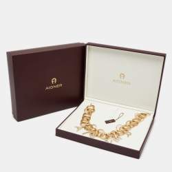 Pre Owned Aigner Gold Tone Crystal Logo Charm Choker Necklace