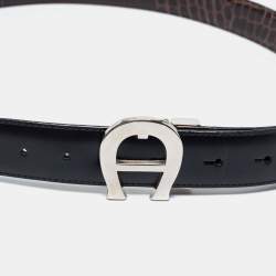 Pre Owned Aigner Black/Dark Brown Croc Embossed and Leather Logo Reversible Cut To Size Belt