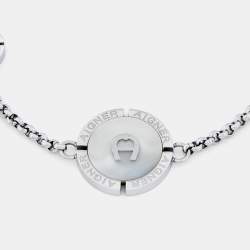 Pre Owned Aigner Silver Tone Mother of Pearl Logo Bracelet
