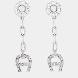 Pre Owned Aigner Silver Tone Crystal Logo Drop Earrings