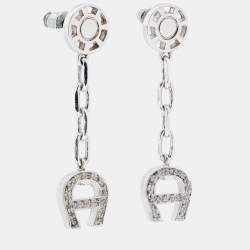 Pre Owned Aigner Silver Tone Crystal Logo Drop Earrings