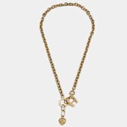 Pre Owned Aigner Gold Tone Logo & Heart Pendant Necklace