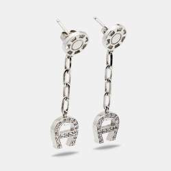 Pre Owned Aigner Silver Tone Crystal Logo Pendant Necklace & Earrings Set