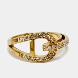 Pre Owned Aigner Gold Tone Crystal Embellished Logo Ring Size EU 54