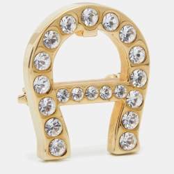 Pre Owned Aigner Gold Tone Crystal Logo Pin Brooch