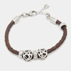 Pre Owned Aigner Crystal Logo Charm Brown Braided Leather Bracelet