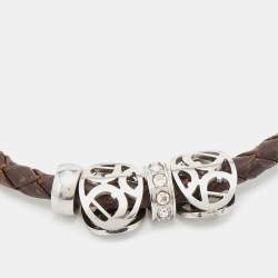 Pre Owned Aigner Crystal Logo Charm Brown Braided Leather Bracelet