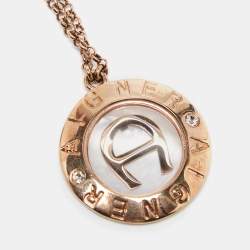 Pre Owned Aigner Mother of Pearl Crystals Gold Tone Long Chain Necklace