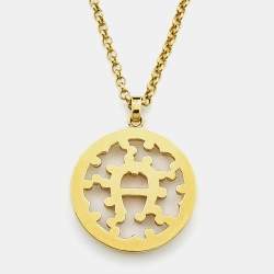 Pre Owned Aigner Gold Tone Crystal Embedded Logo Pendant Necklace & Earrings Set