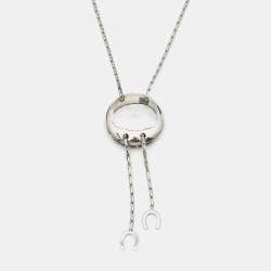 Pre Owned Aigner Silver Tone Round Logo & Horseshoe Charm Chain Necklace 