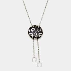Pre Owned Aigner Silver Tone Round Logo & Horseshoe Charm Chain Necklace 