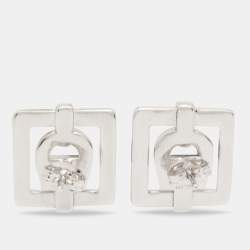 Pre Owned Aigner Silver Tone Crystal Square Stud Earrings