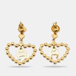Pre Owned Aigner Faux Pearl Heart Crystal Gold Tone Drop Earrings