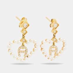 Pre Owned Aigner Faux Pearl Heart Crystal Gold Tone Drop Earrings