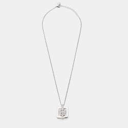 Aigner Silver Tone Square Crystal Logo Pendant Necklace