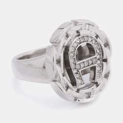 Pre Owned Aigner Silver Tone Crystal Chain Link Logo Ring Size EU 52