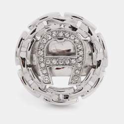 Pre Owned Aigner Silver Tone Crystal Chain Link Logo Ring Size EU 52