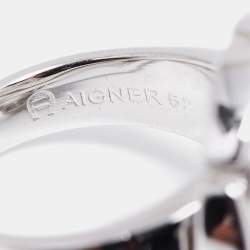 Pre Owned Aigner Silver Tone Crystal Chain Link Logo Ring Size EU 52