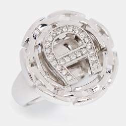 Pre Owned Aigner Silver Tone Crystal Chain Link Logo Ring Size EU 52