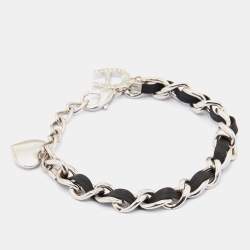 مملوكة مسبقًا Aigner Black Leather & Silver Tone Metal Chain Bracelet