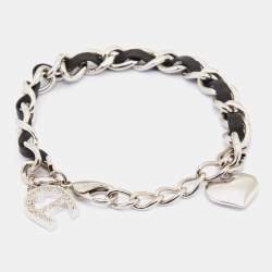 مملوكة مسبقًا Aigner Black Leather & Silver Tone Metal Chain Bracelet