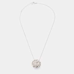 Aigner Silver Tone Crystal Logo Hollow Ball Pendant Necklace