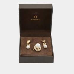 Pre Owned Aigner Crystal Faux Pearl Gold Tone Ring and Earrings