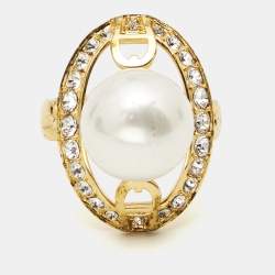 Pre Owned Aigner Crystal Faux Pearl Gold Tone Ring and Earrings