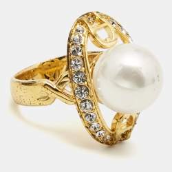 Pre Owned Aigner Crystal Faux Pearl Gold Tone Ring and Earrings